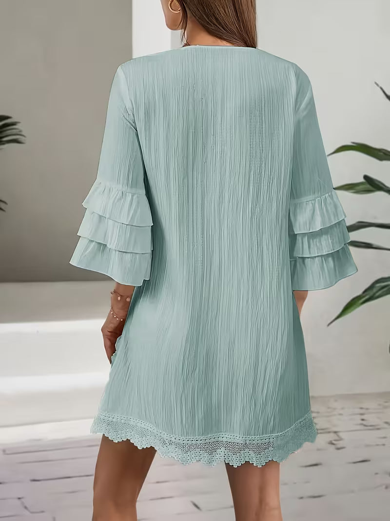 Embroidered Pom-Pom Tiered Sleeve Bohemian Mini Dress