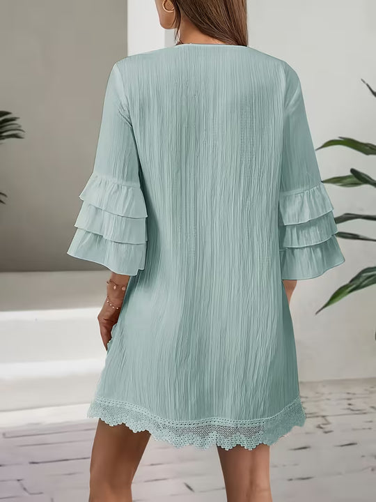 Embroidered Pom-Pom Tiered Sleeve Bohemian Mini Dress
