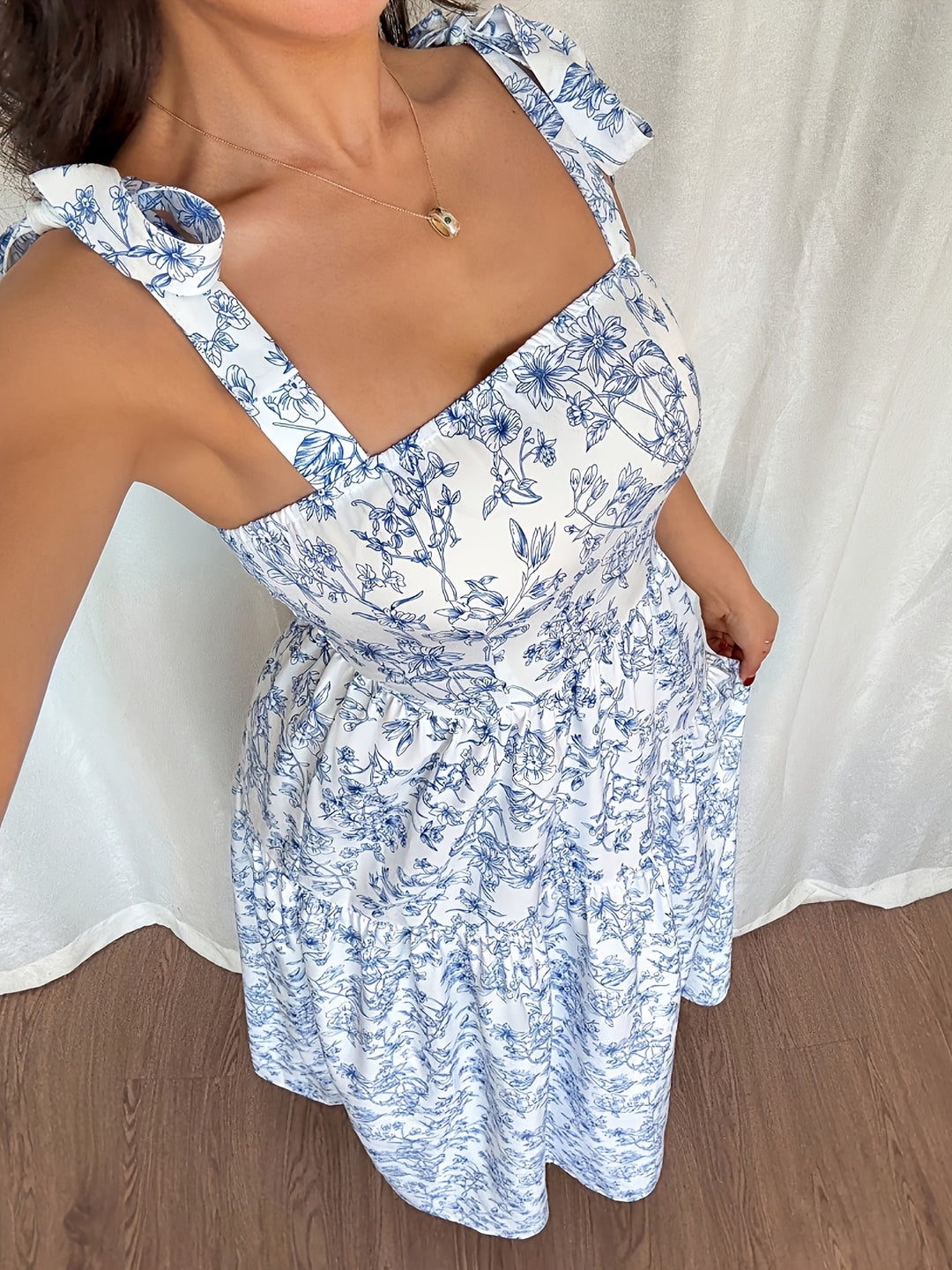 Tie Shoulder Floral Pattern Tiered Maxi Dress