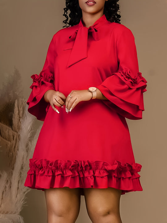 Bow Tie Neck Ruffle Sleeve Bohemian Short Dress - Plus Size