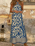 Boho Geometric Pattern Halter Slit Summer Dress