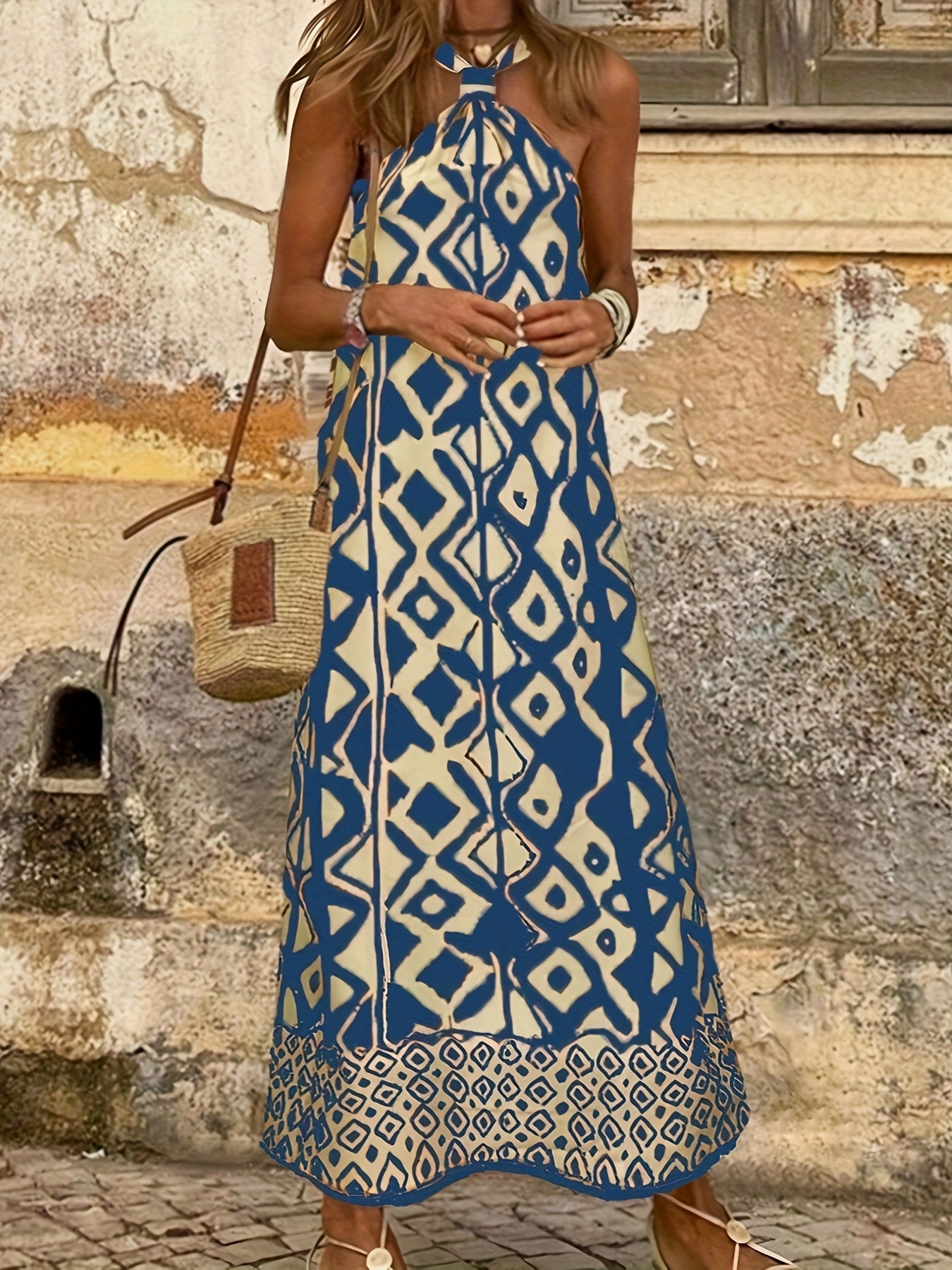 Boho Geometric Pattern Halter Slit Summer Dress