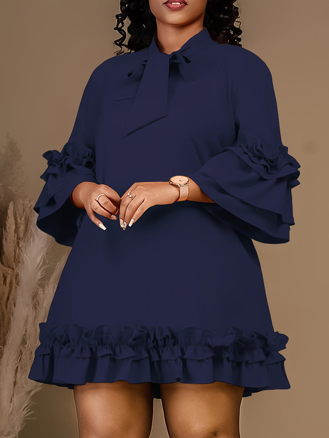 Bow Tie Neck Ruffle Sleeve Bohemian Short Dress - Plus Size