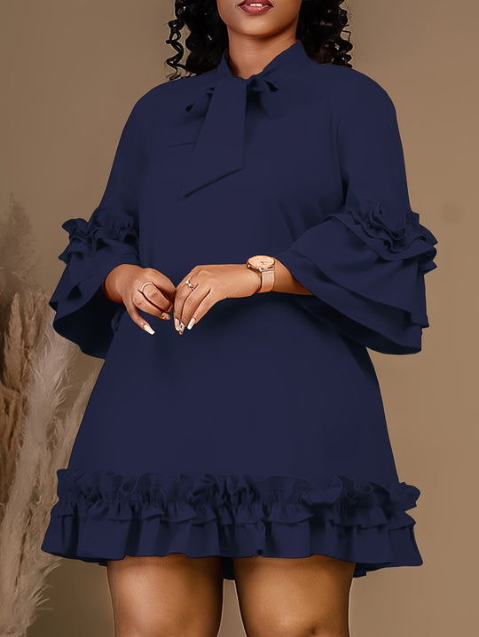 Bow Tie Neck Ruffle Sleeve Bohemian Short Dress - Plus Size