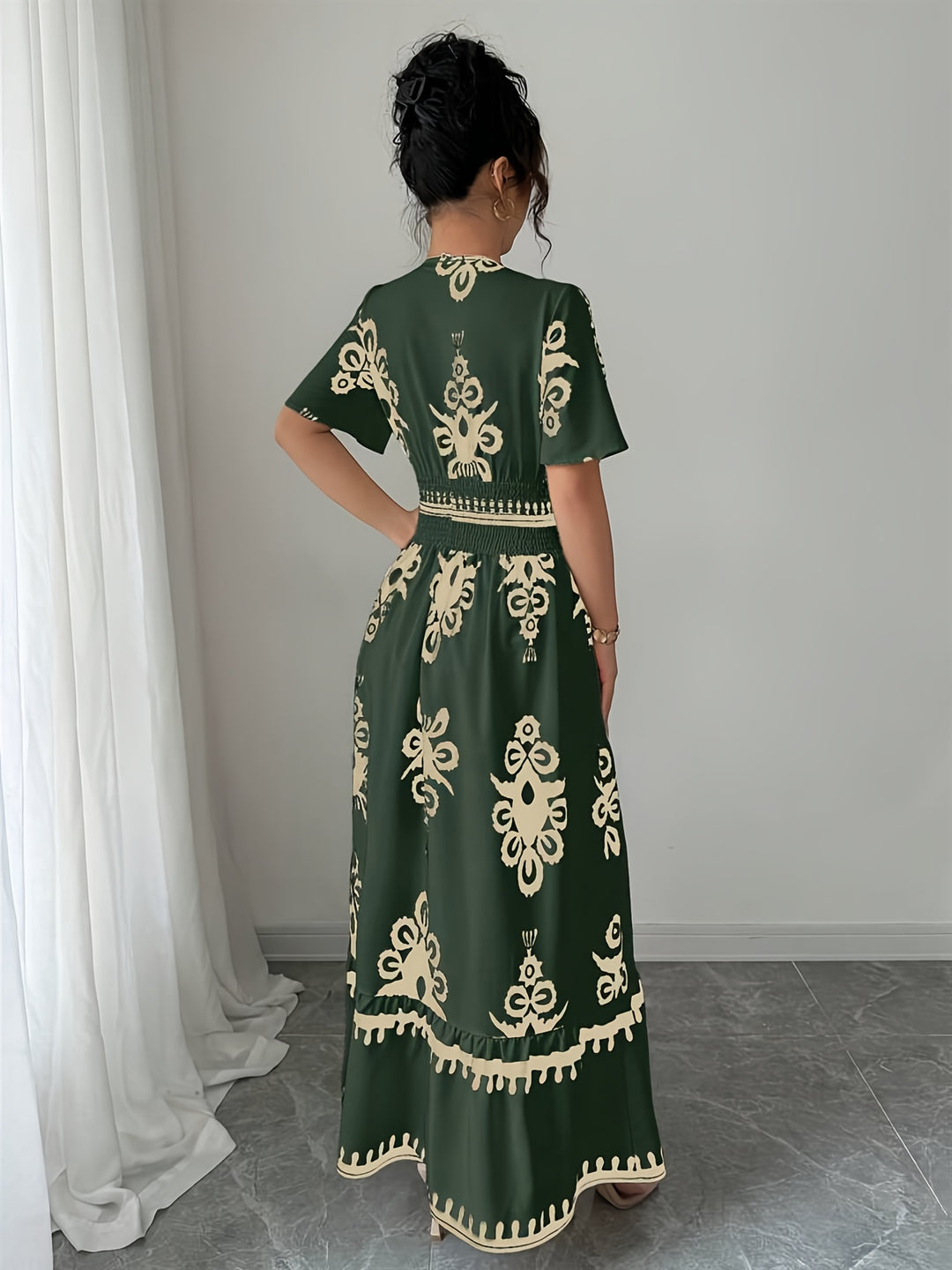 Plunging V-Neck Shirred Waist Tiered Summer Dress