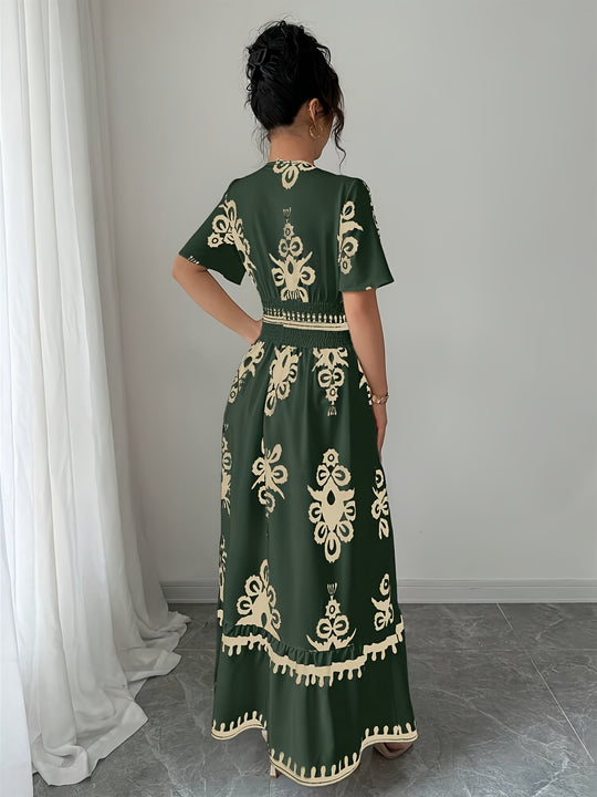 Plunging V-Neck Shirred Waist Tiered Summer Dress