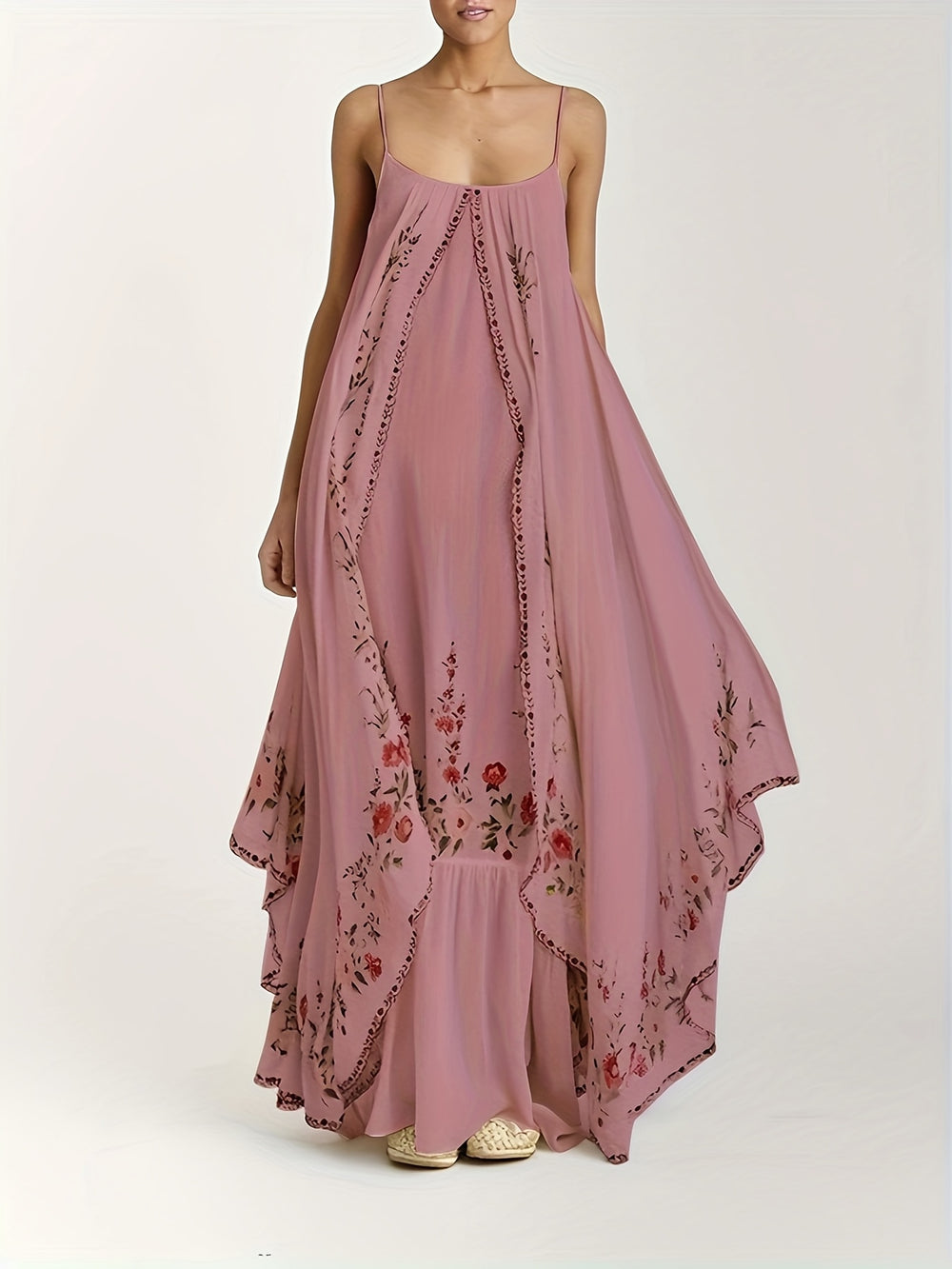 Spaghetti Strap Floral Border Maxi Boho Dress