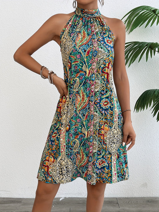 Bohemian Paisley Halter Neck Mini Dress