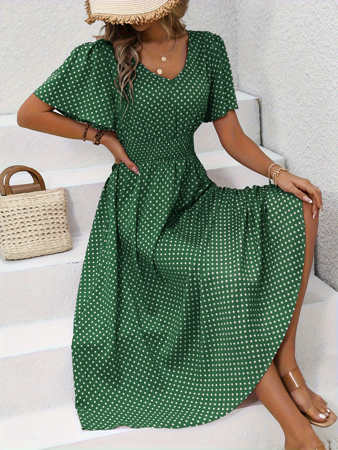 Bohemian Polka Dot Flowy Smocked Dress
