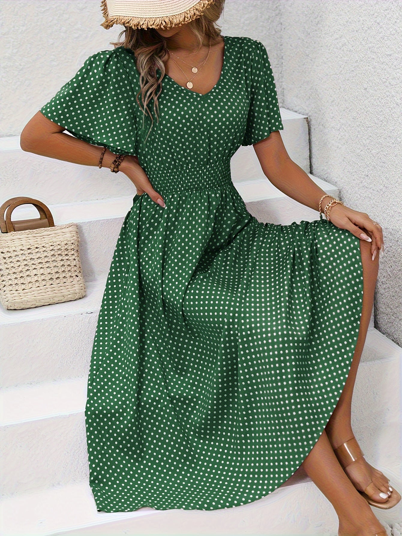 Bohemian Polka Dot Flowy Smocked Dress