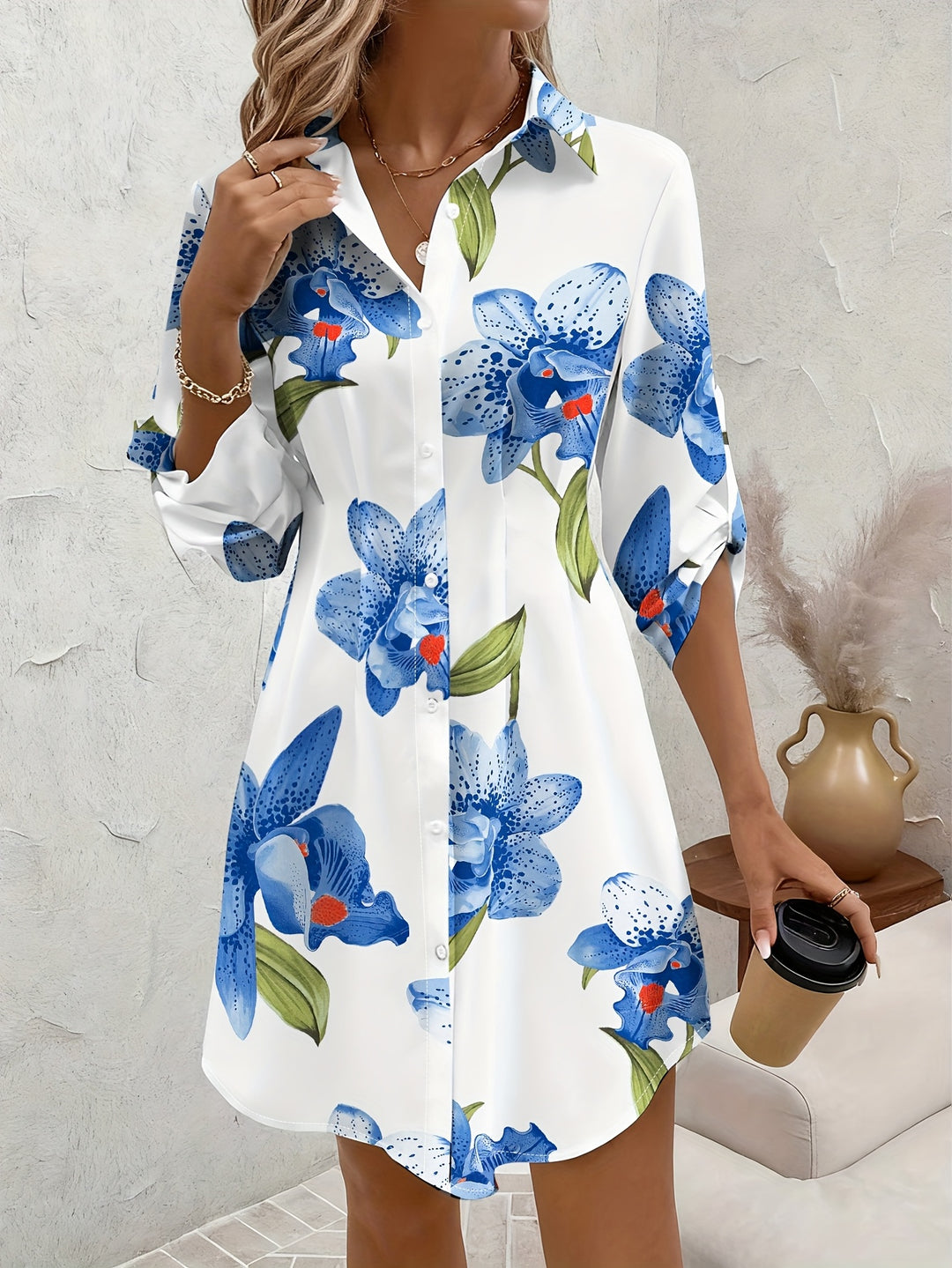 Casual Floral Button Down Shirt Dress