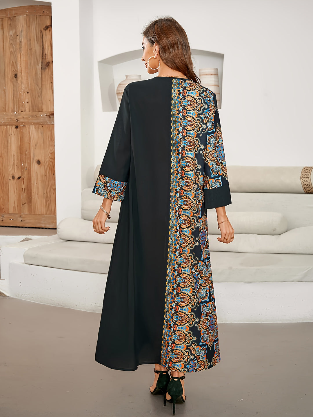 Bohemian Notch Neck Contrast Print Maxi Dress