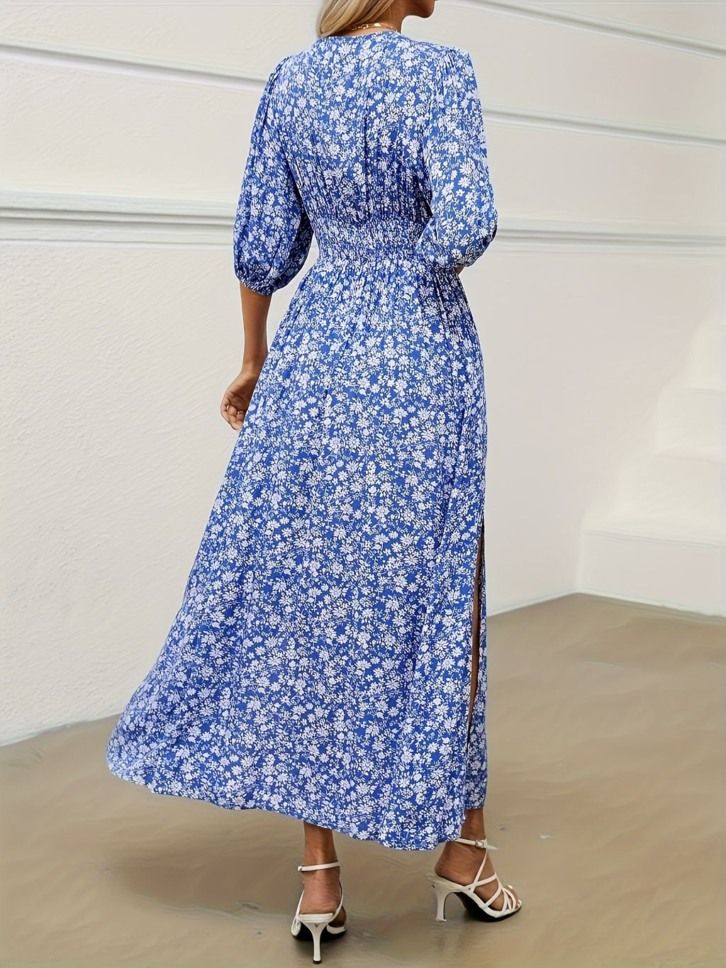 Ditsy Floral Print Front Slit Vacation Maxi Dress