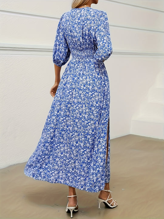 Ditsy Floral Print Front Slit Vacation Maxi Dress