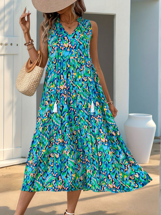 Bohemian Abstract Print Tiered Midi Dress