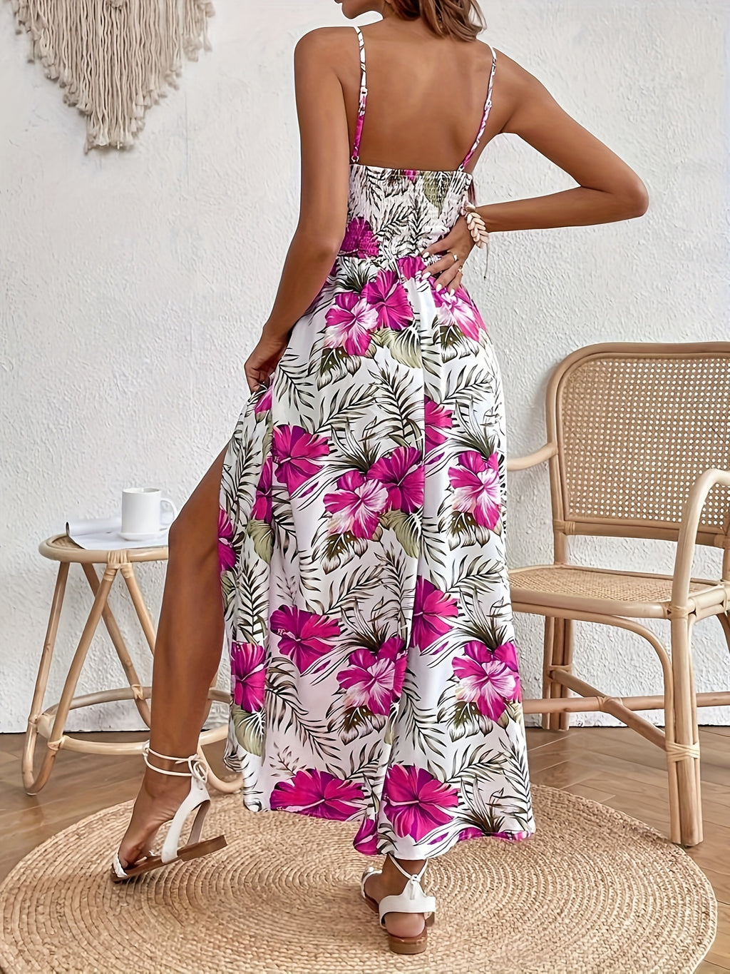 Tropical Print Cutout Slit Maxi Dress
