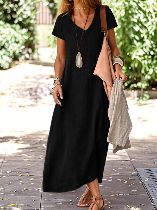 Casual Loose V-Neck Textured Maxi Dress