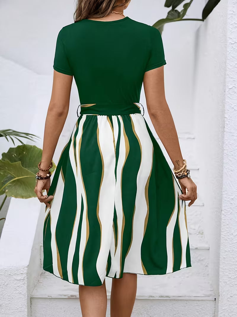 Casual Crew Neck Tie Waist Flared Midi Dress