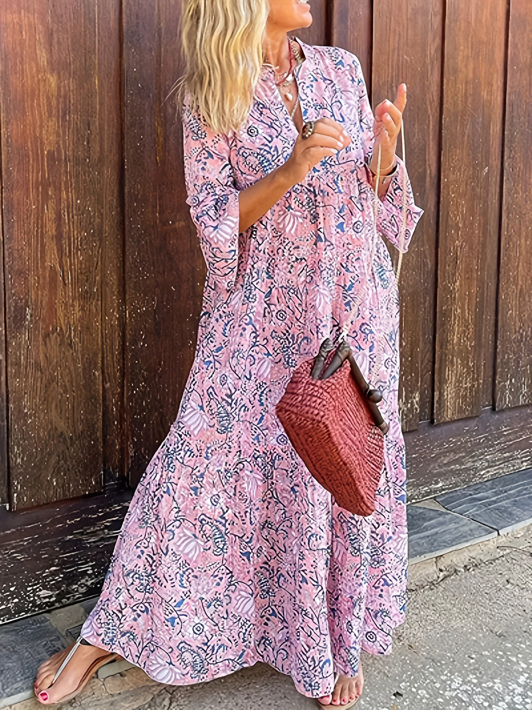 Casual Bell Sleeve Tiered Boho Maxi Dress
