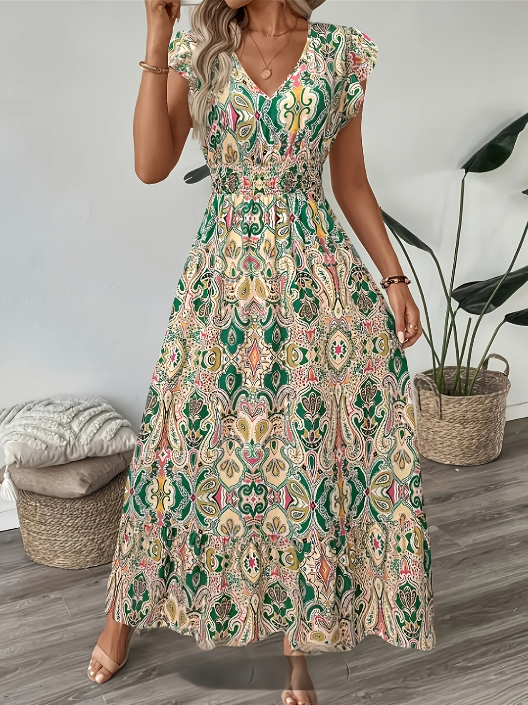 Elegant V-Neck Geometric Print Maxi Dress