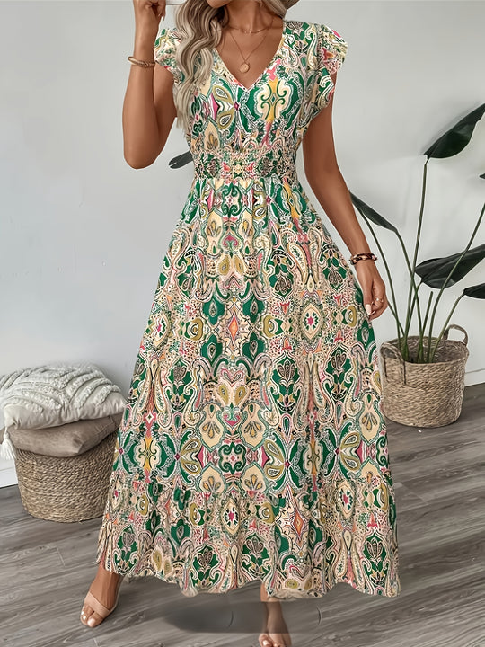 Elegant V-Neck Geometric Print Maxi Dress