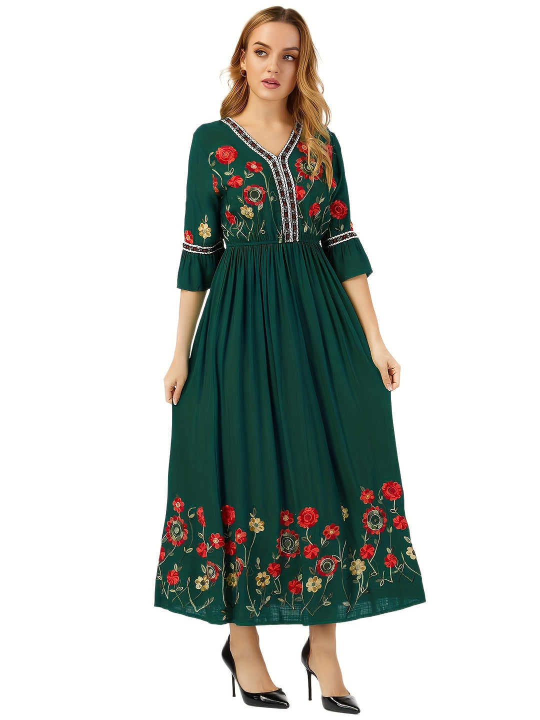 Embroidered Floral Hem Gathered Maxi Dress