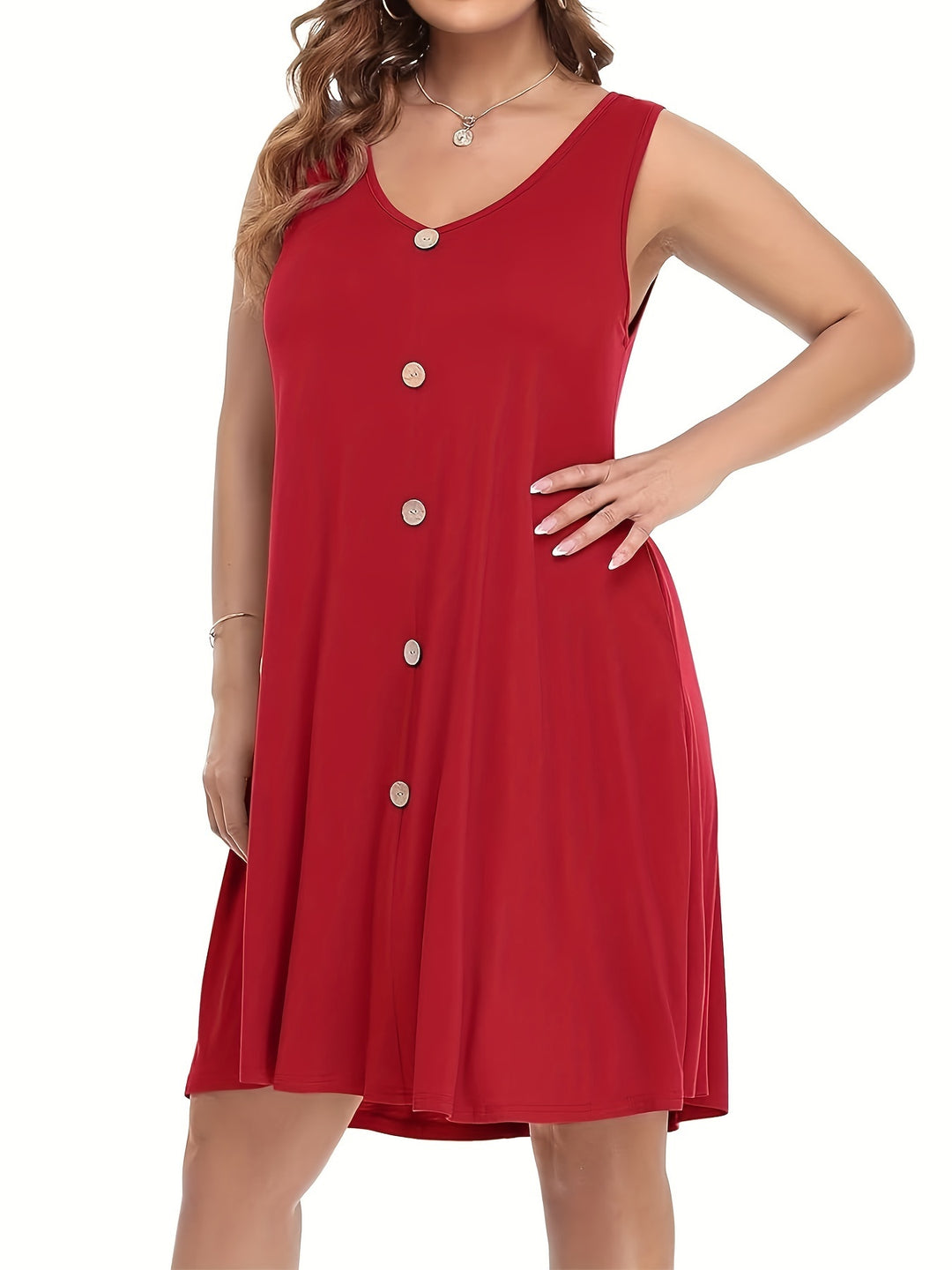 Plus Size Sleeveless Button Front Pocket Boho Summer Dress