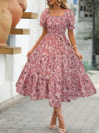 Bohemian Puff Sleeve Tiered Midi Dress