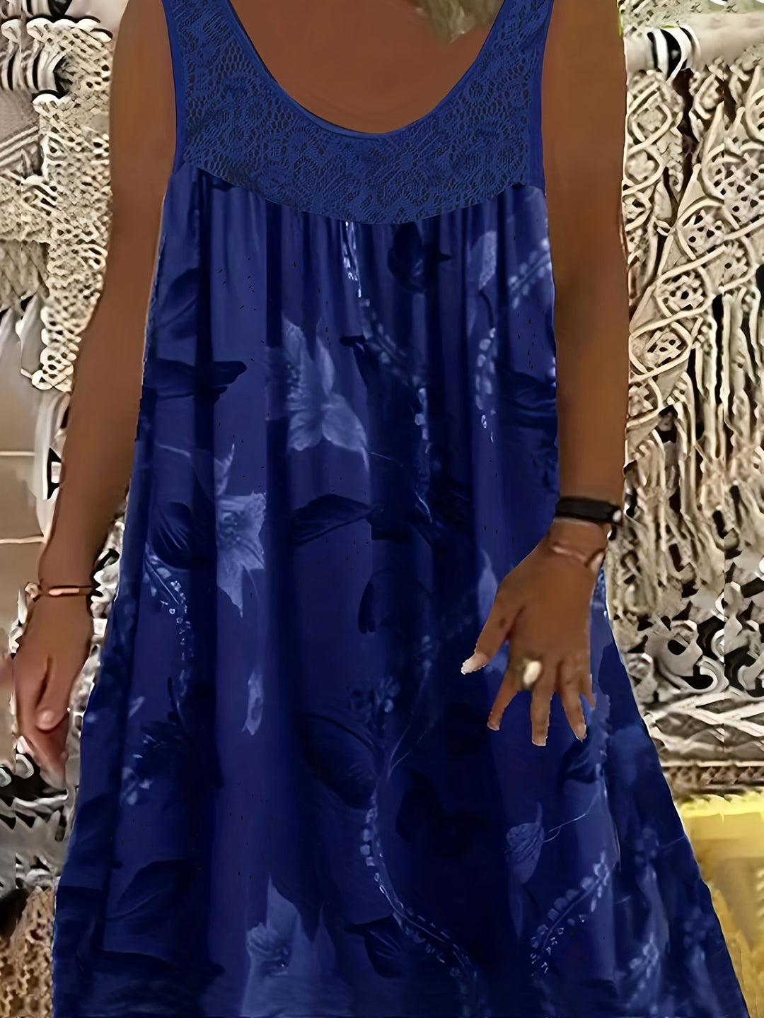 Plus Size Floral Lace Trim Sleeveless Bohemian Dress