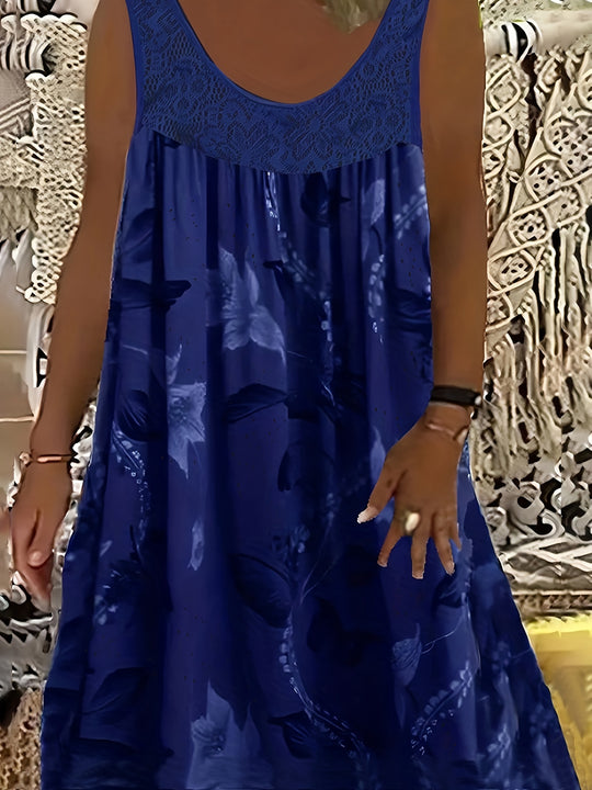 Plus Size Floral Lace Trim Sleeveless Bohemian Dress