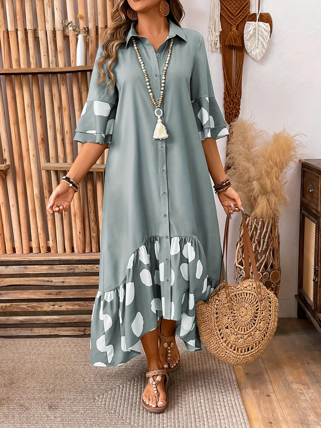 Flowy Collared Button Down Shirt Dress