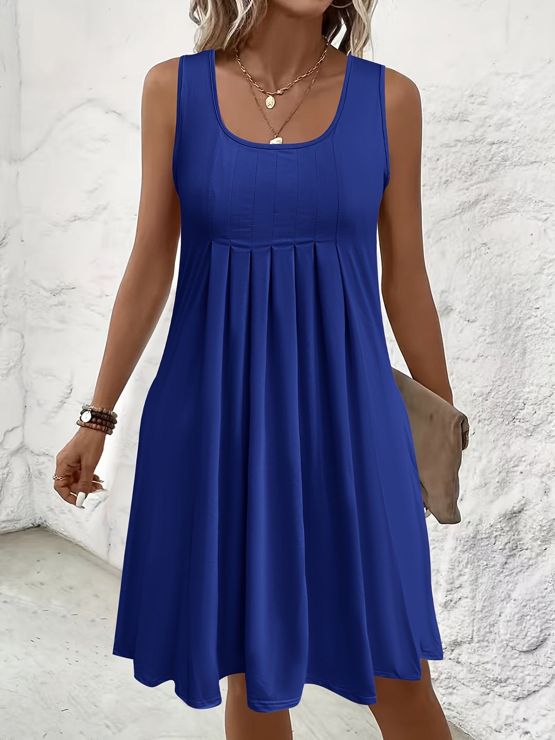 Casual Pleated Front Sleeveless Mini Dress
