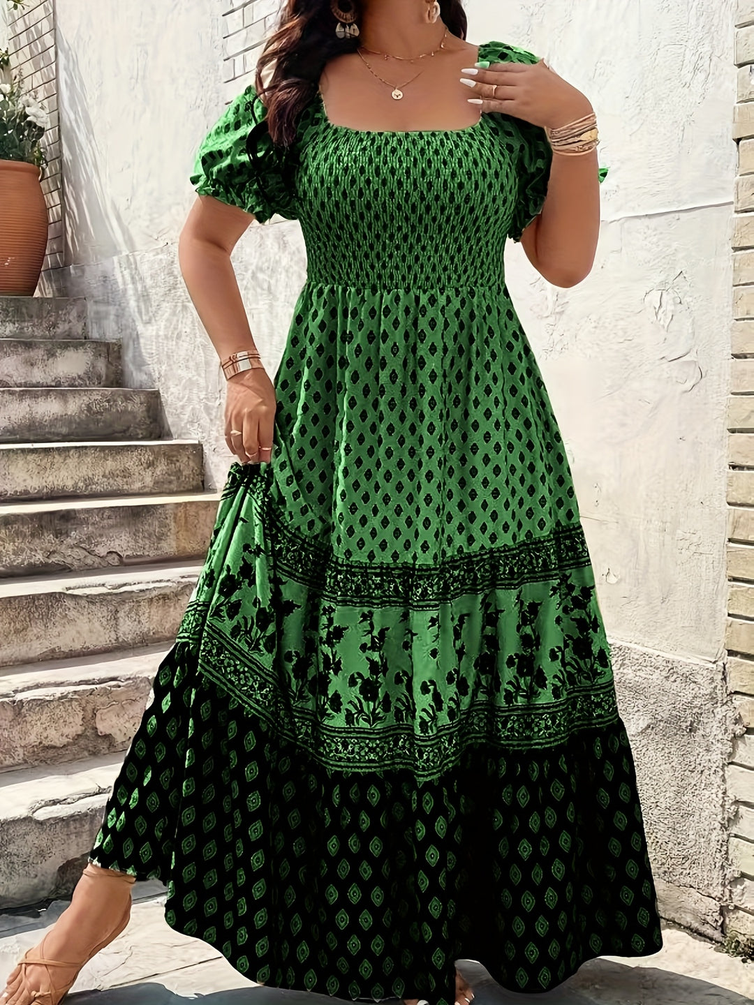 Ruffle Sleeve Floral Border Summer Dress - Plus Size