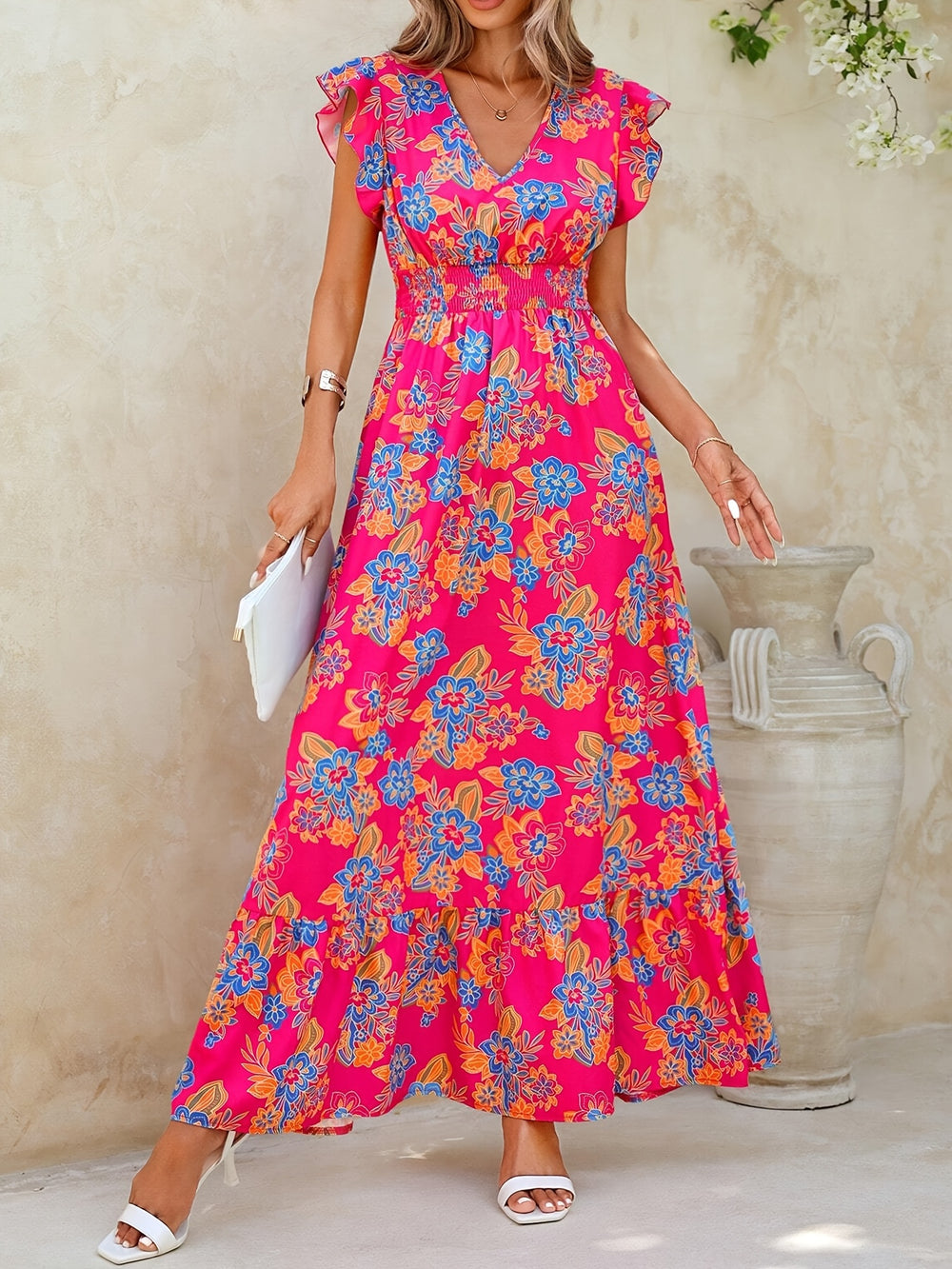 Bohemian V-Neck Flutter Sleeve Floral Maxi Dress