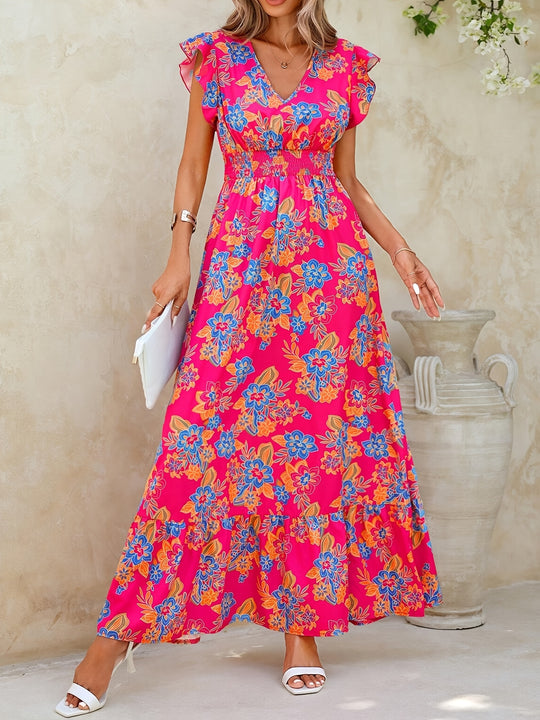 Bohemian V-Neck Flutter Sleeve Floral Maxi Dress