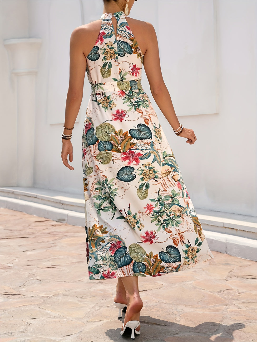 Sleeveless High Neck Floral Midi Bohemian Dress