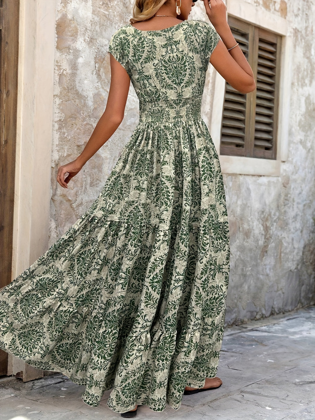 Bohemian Damask Print Smocked Maxi Dress