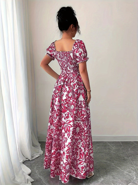 Floral Square Neck Puff Sleeve Maxi Dress