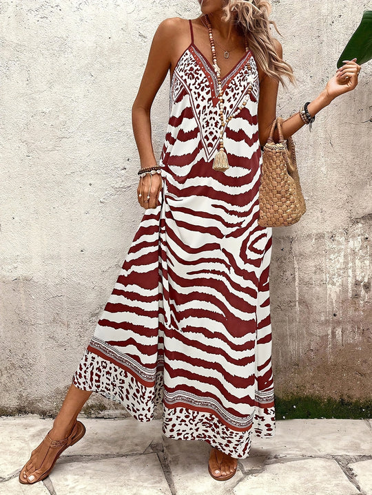 Casual Zebra Stripe Spaghetti Strap Maxi