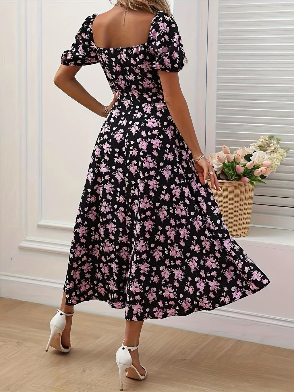 Romantic Floral Puff Sleeve Split Maxi Dress