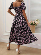 Romantic Floral Puff Sleeve Split Maxi Dress