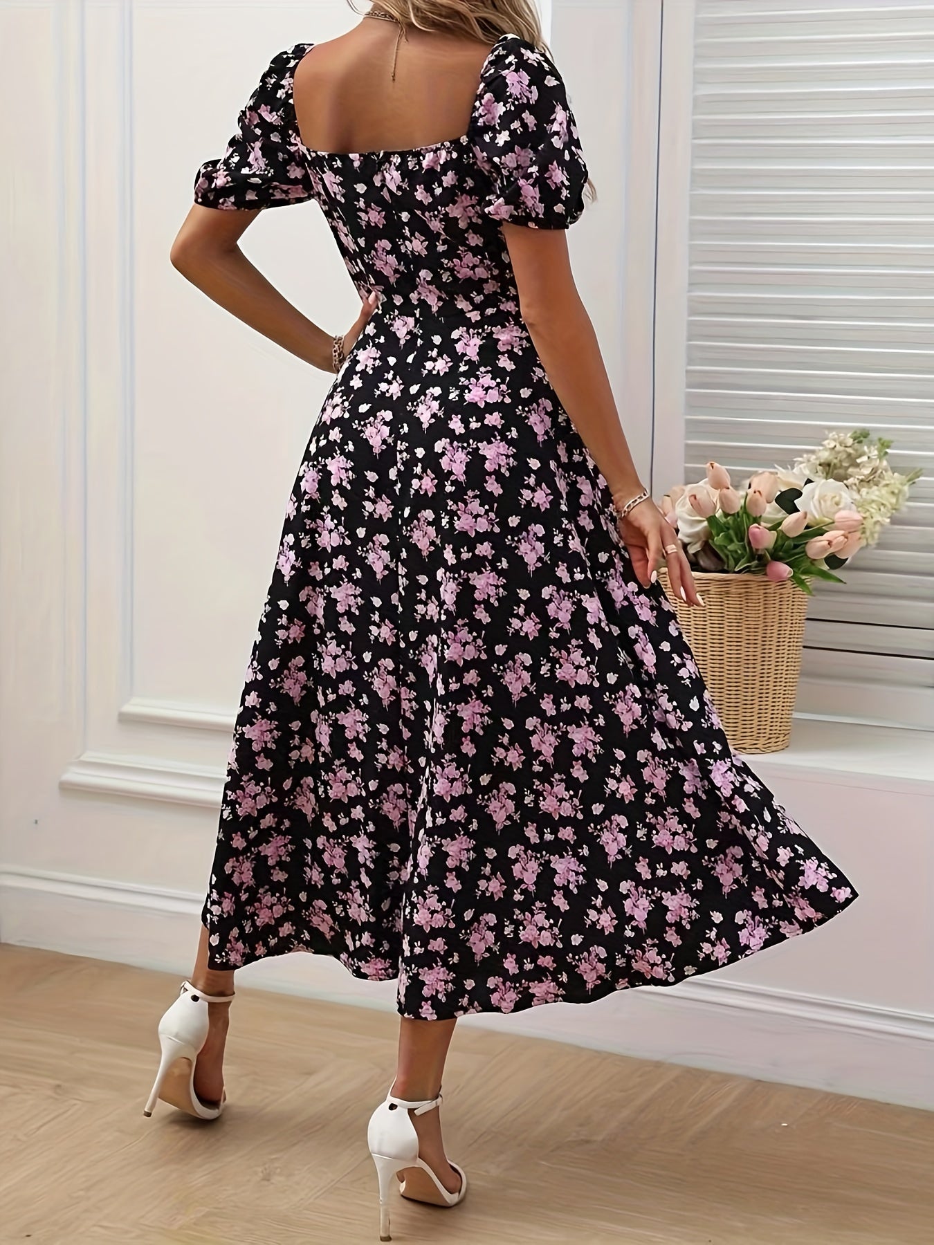 Romantic Floral Puff Sleeve Split Maxi Dress