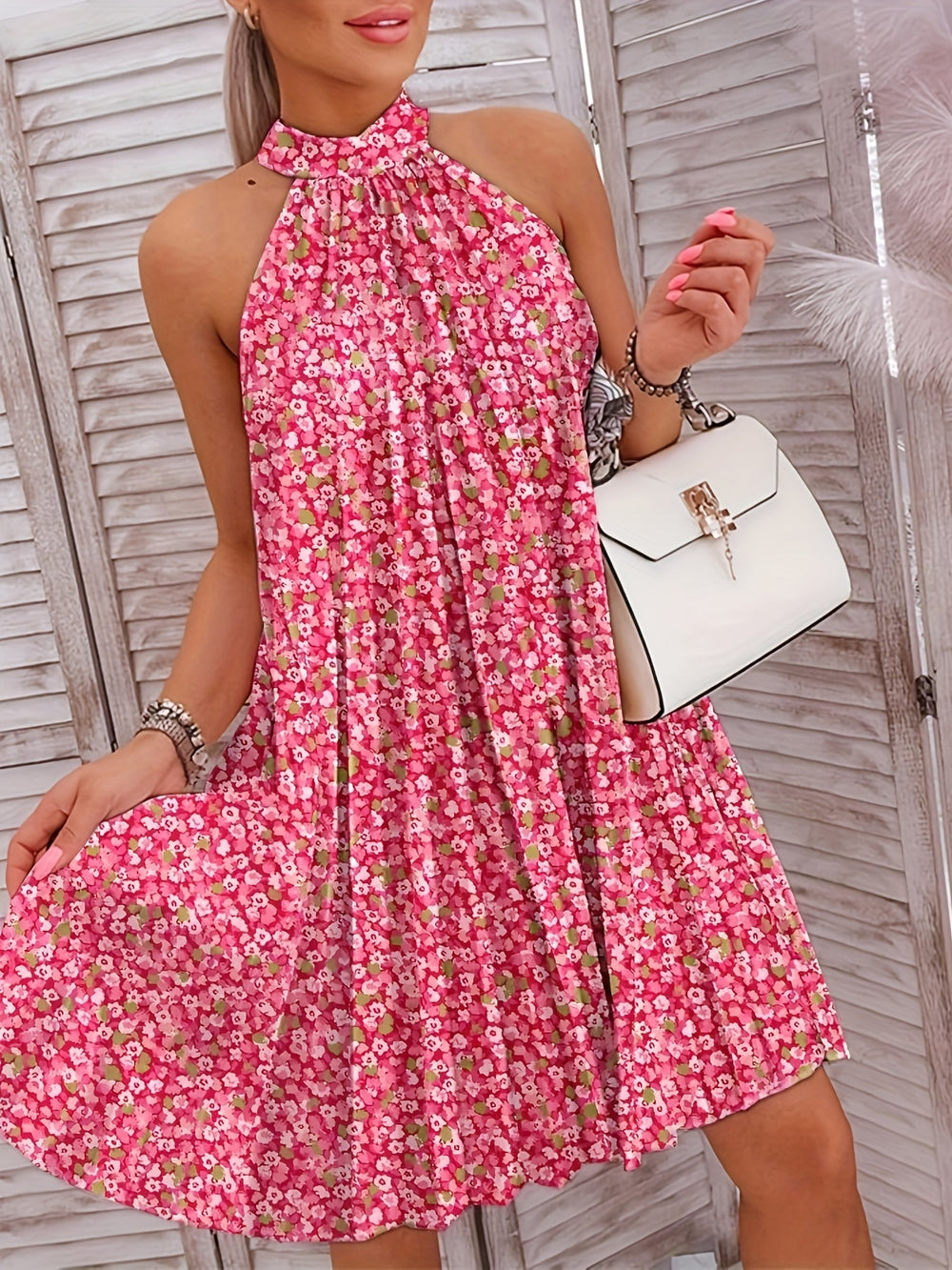 Bohemian Floral Halter Neck Mini Dress - Plus Size