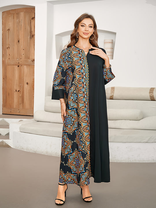 Bohemian Notch Neck Contrast Print Maxi Dress