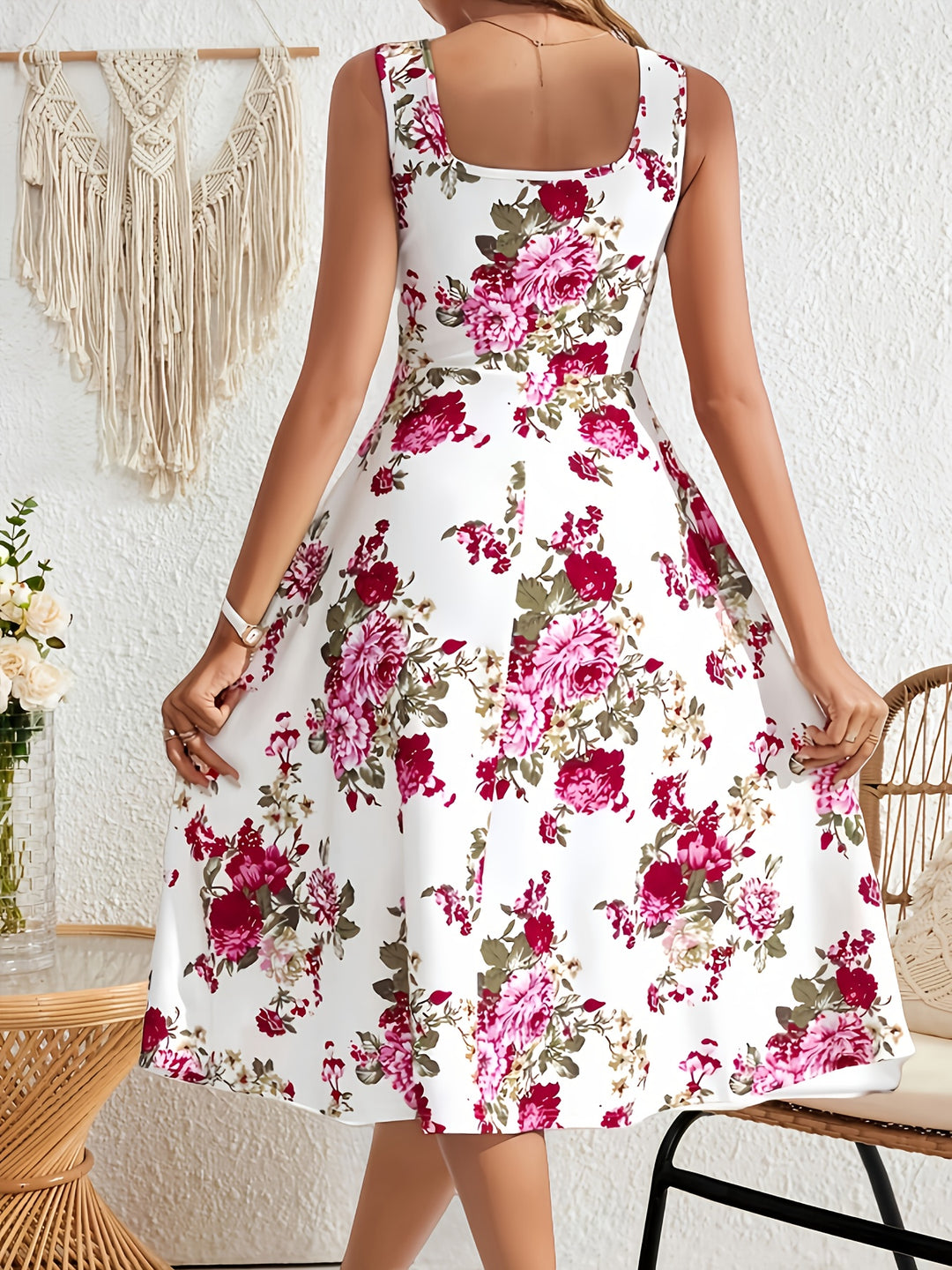 Casual Floral Wide Strap Midi Dress