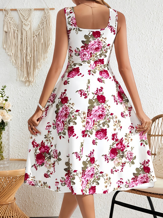 Casual Floral Wide Strap Midi Dress