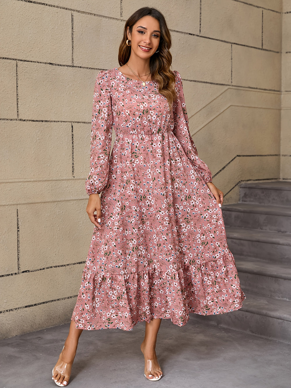 Long Sleeve Floral Print Maxi Dress with Ruffle Hem