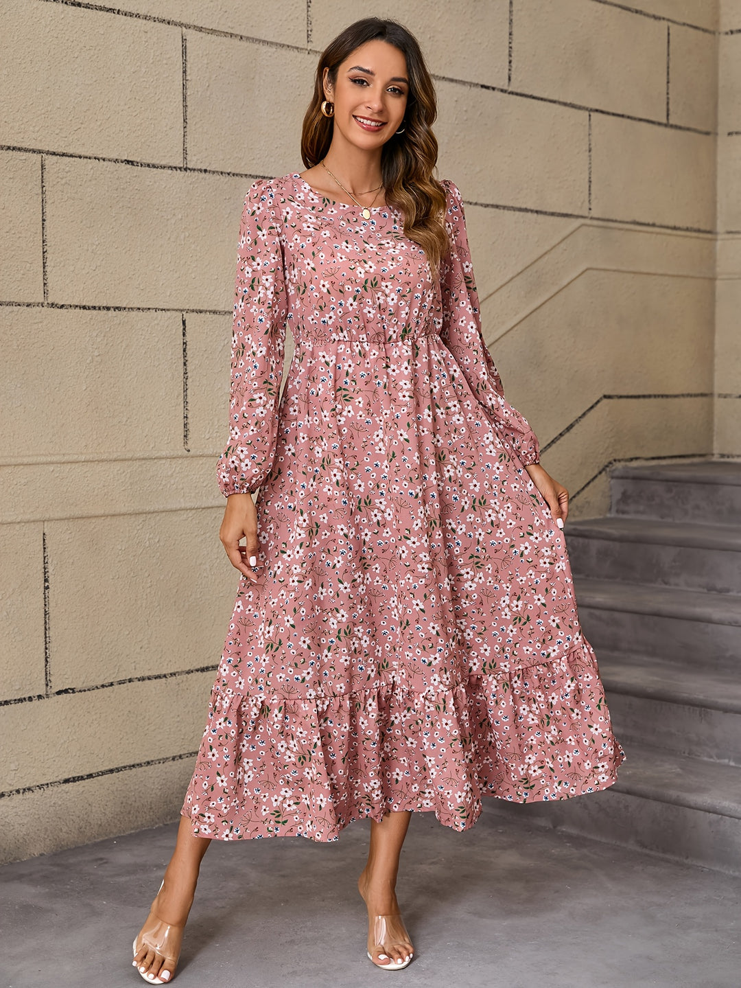 Long Sleeve Floral Print Maxi Dress with Ruffle Hem