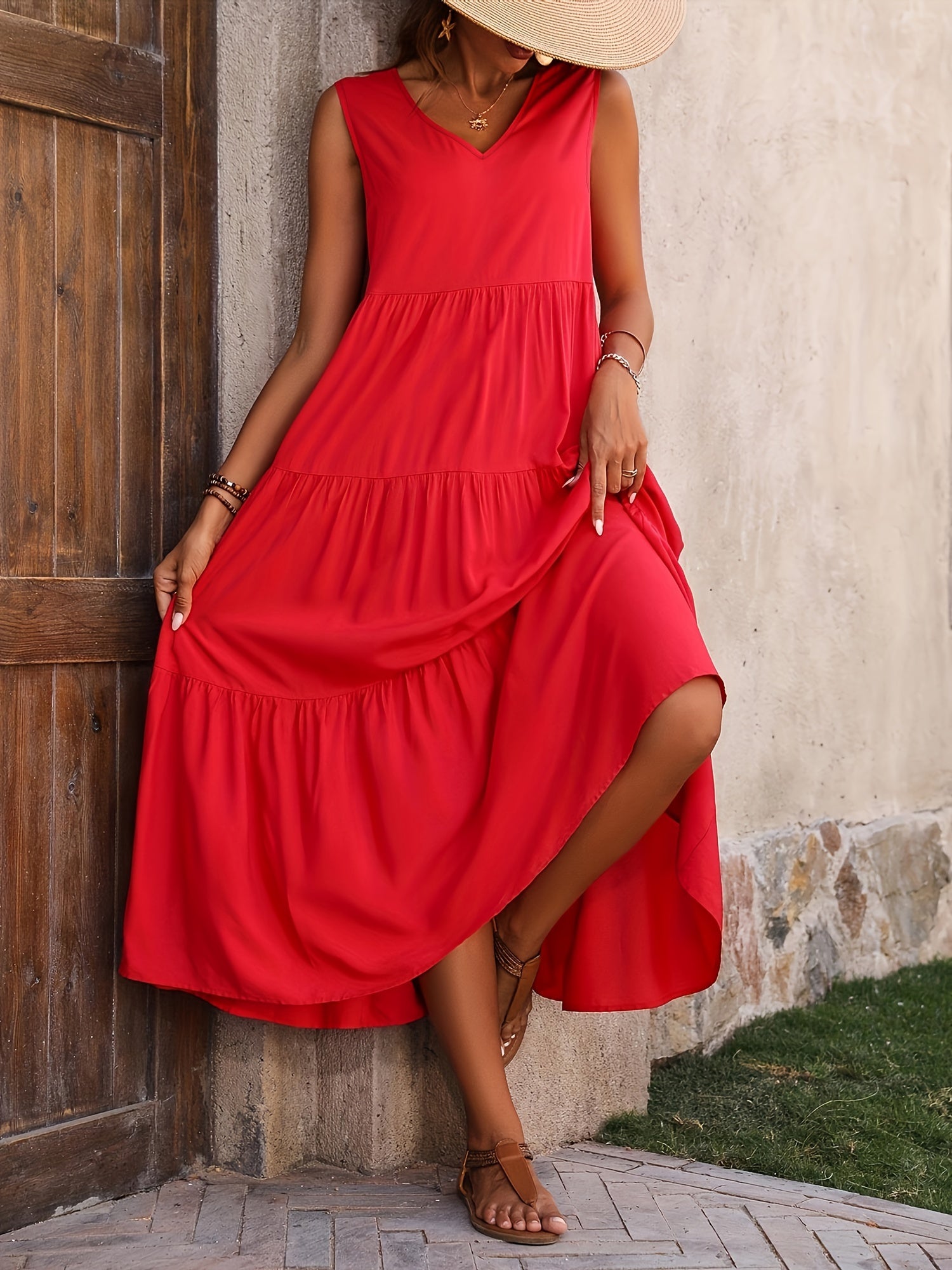 Flowy Tiered V-Neck Sleeveless Maxi Dress