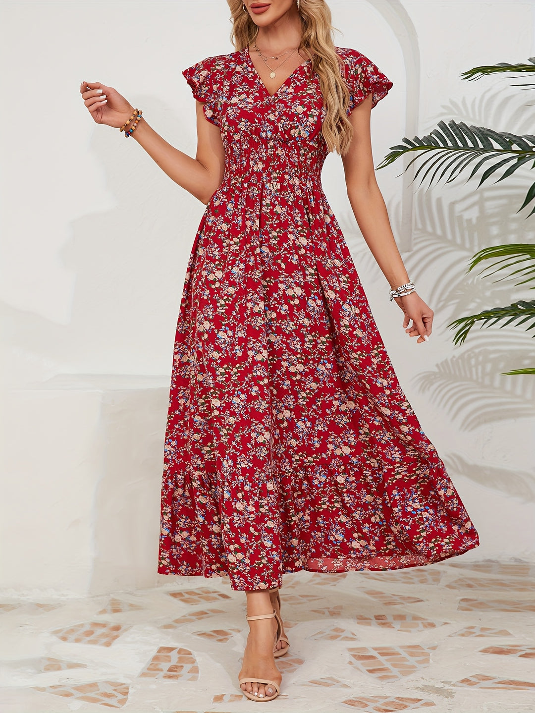 Flutter Sleeve Smocked Waist V-Neck Maxi Dress